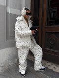 Women Floral Print Hooded Puffer Snow Suit Two Piece Outfit Thick Warm Winter Windproof Ski Jacket Wide Leg Pants Set Outdoor
