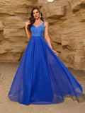 Sleeveless Evening Dresses V-Neck Sequined Embroidery Long Party Gown Clothing Elegant Mesh A-Line Formal Wedding Dress