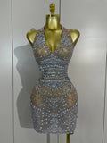 Sexy Sparkly Rhinestone Sleeveless Mesh See Through Mini Dress Luxury Birthday Dress Celebrate Party Club PhotoShoot Stage Wear
