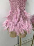 Women Sexy Halter Beading Feather Tight Bodysuit Nightclub Performance Leotard Luxury Party Celebrate Stage Wear