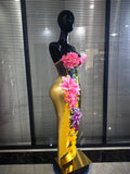 Golden Sequined Women Sexy Florals Tops Bodycon Long Skirt 2 Pieces Set Celebrate Evening Party Birthday Photoshoot Wear