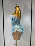 Women Sexy Strapless Sky Blue Diamonds Mesh Mini Dress Luxury Birthday Evening Party Costume Bar Nightclub Singer Stage Outfit