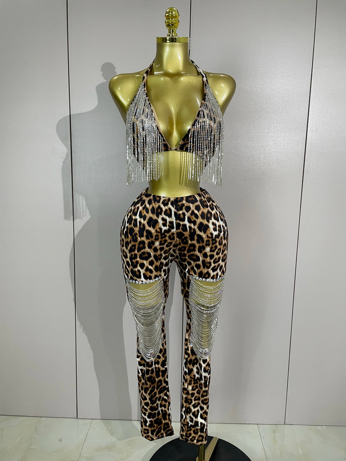 2026 New Sparkly Rhinestones Chains Leopard Print Bikini Top Pants Two Pieces Set Women Sexy Party Birthday Nightclub Stage Wear