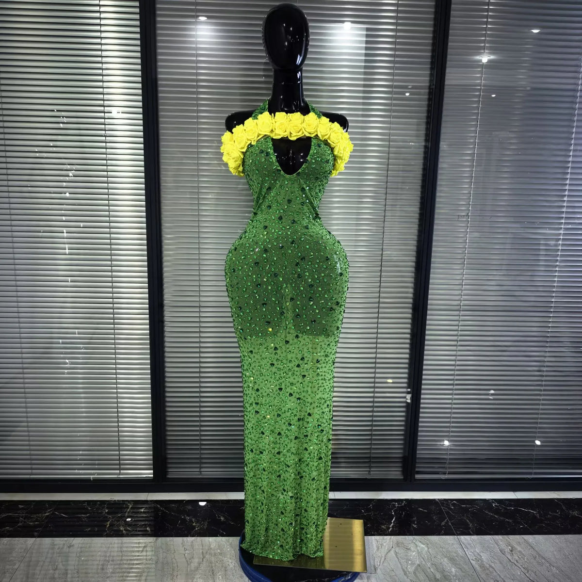 High Quality Women Sexy Sparkly Big Crystal Mesh See Through Bodycon Long Dress Elegant Evening Party Celebrate Cocktail Wear