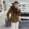 Retro Suede Faux Fox Fur Collar Blazer Coat Long Sleeve Double Breasted Fluffy Furs Cuff Women Fashion Jacket 2026 Chic Outfits