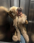 Women Shaggy Faux Fur Patchwork Mid Length Coat Lapel Open Front Long Sleeve Vintage Coats Elegant Winter Warm Outerwear 2026