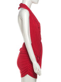 Halter Ruched Dress Women Sexy Whip Knot Backless Patchwork Elegant Stretch Christmas Peach Hip Birthday Mini Bodycon