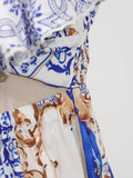 Fashionable Retro Printed Short Dresses for Women Deep Neck Ruffles Sleeve High Waist Patchwork Puff Dress Female Clothing