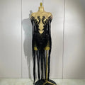 Sexy Black Rhinestones Sequins Tassel With Cape Mesh Transparent Dress Women Evening Birthday Party Nightclub Dance Stage Outfit