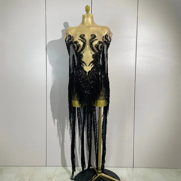 Sexy Black Rhinestones Sequins Tassel With Cape Mesh Transparent Dress Women Evening Birthday Party Nightclub Dance Stage Outfit