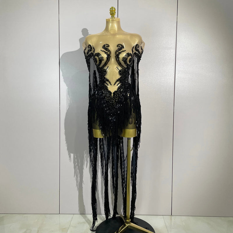 Sexy Black Rhinestones Sequins Tassel With Cape Mesh Transparent Dress Women Evening Birthday Party Nightclub Dance Stage Outfit