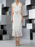 White Fringe Modern Two Piece Set for Women Nitched Collar Sleeves Tank Top Tiered Designmid Skirt Suit for Art Exhibitions