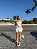 White Floral Print Two Piece Set Spaghetti Strap Ruffle Corset Top Strap Wide Leg Pants 2026 Summer Street Casual Women Outfit