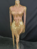Sparkly Rhinestone Golden Sequins Tassel Sexy Transparent Dress Women Evening Birthday Party Nightclub Dance Singer Stage Outfit