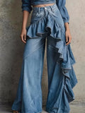 European And American Style Asymmetrical Ruffle Edge Splicing High Waist Wide Leg Jeans For Women Autumn 2026 New