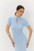 Short Sleeve Knitted Long Dress Female Slim Hollow Retro Elegant Sweater Dress 2025 Summer New High Waist Women‘s Dress