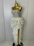 Women Sexy Elegant Evening Party Luxury Birthday Photo Shoot Performance Costume Sparkly Rhinestone Feather Mesh Long Dress
