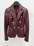 New 2026 Designer PU leather Jacket Women's Slim Fitting Double Breasted Lion Buttons Denim Blazer