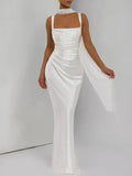 Sexy Satin Evening Long Dresses for Women Square Collar Sleeveless High Waist Folds Slimming Bodycon Dress Female