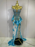 Luxury Sparkly Diamonds Pearls Strapless Mesh Maxi Dress Elegant Eveing Birthday Party Sexy Nightclub Performance Stage Costume