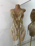 Luxury Sequins Tassel Short Dress For Women Sexy Sleeveless Mesh Transparent Music Festival Clothes Stage Wear