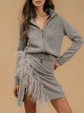 Casual Feather Knit Women Two Piece Set Lapel Collar Long Sleeve Top Short Skirt for Dating Daily Wear Fashion New