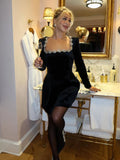 Elegant Mini Square Collar Diamond Evening Dress Short A-Line Long Sleeves White Pocket Princess Prom Gowns 2024 New