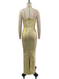 2026 Women Sexy New Sleeveless low-cut Striped Gold Long Dress Party Costume Bar Nightclub Stage Performance Clothing