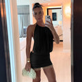 Mesh Mini Dress Women Lace-Up Halter Sexy Backless Pearl Tassel Club Party Ruched Elegant Outfits