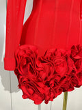 Women Sexy Red 3D Rose Flowers Bandage Mini Dress Mesh Long Sleeve Evening Prom Birthday Party Photo Shoot Cocktail Party Dress