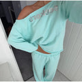 Solid Women Loose Pants Set Letter Print Off Shoulder Long Sleeve Sweatshirt Wide Leg Trousers Chic Casual Loungewear Suit 2026
