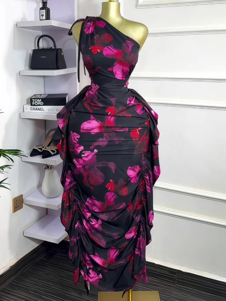 Women Floral Printed One Shoulder Sleeveless Stacked Ruched Bodycon Midi Maxi Long Dress Sexy Party Evening Dresses