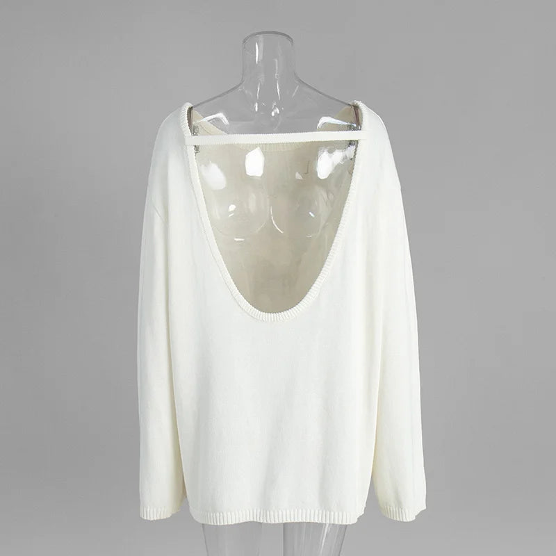 Backless Knitted Sweater Female Loose Sexy Long Sleeve Pullover Top Casual Women's Knitwear Top Solid Autumn New