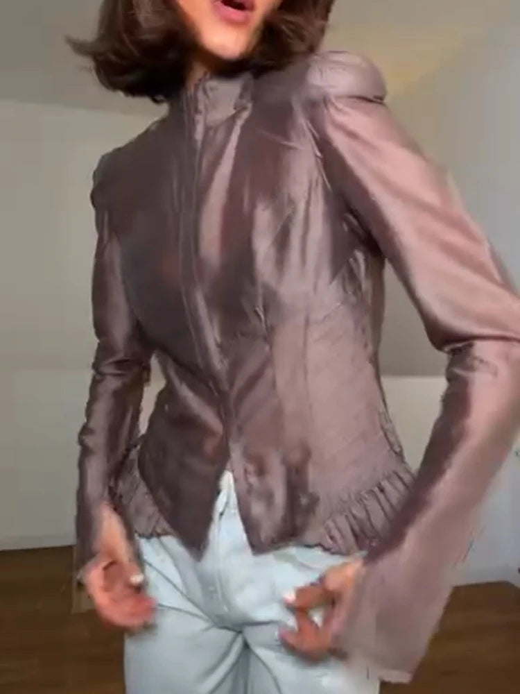 Dusty Purple Satin High Neck Concealed Zip Cropped Jackets Chic Long Sleeve Fitted Coats Autumn Daily Street Lady Outerwear 2026