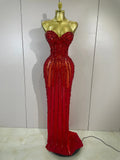 Sexy Strapless Mesh See Through Long Dress Luxury Sparkly Golden Diamonds Evening Party Birthday Nightclub PhotoShoot Stage Wear