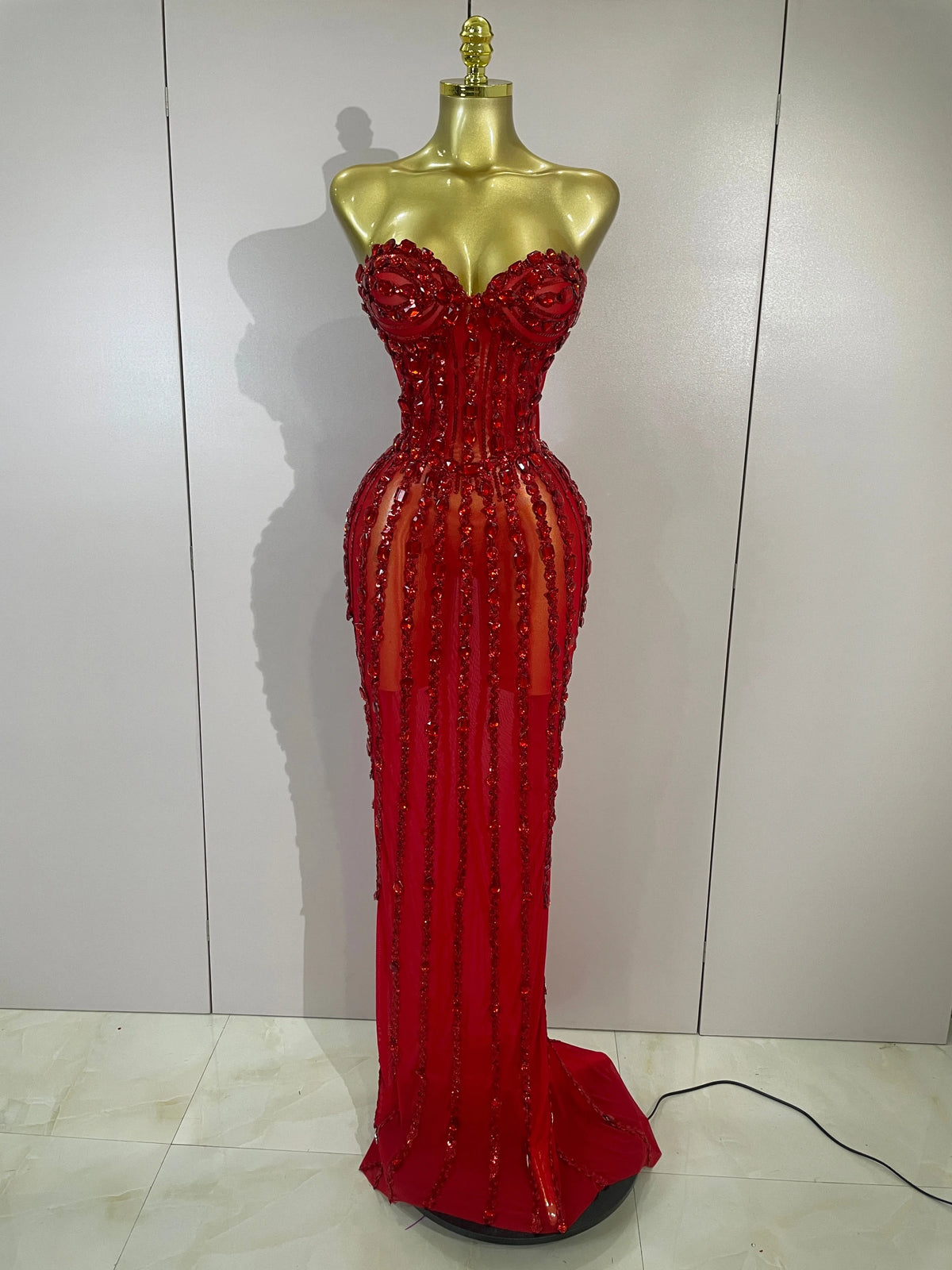 Sexy Strapless Mesh See Through Long Dress Luxury Sparkly Golden Diamonds Evening Party Birthday Nightclub PhotoShoot Stage Wear