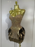 Women Sexy Strapless Mesh See Through Mini Dress Luxury Diamonds Leaf Birthday Evening Party PhotoShoot Nightclub Stage Costume
