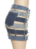 Slimming Sexy Irregualar Skirt For Women High Waist Holloe Out Patchwork Buttons Temperament Denim Skirts Female