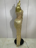 Sparkly Gold Rhinestones Sequins Fringe Jumpsuit Women Sexy Nightclub Party Birthday Outfit Show Singer Stage Perform Costume