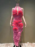Elegant 3D Flower Applique Halter Maxi Dress Sexy Off Shoulder Backless Ruffled Bodycon Bandage Celebrity Evening Party Gowns