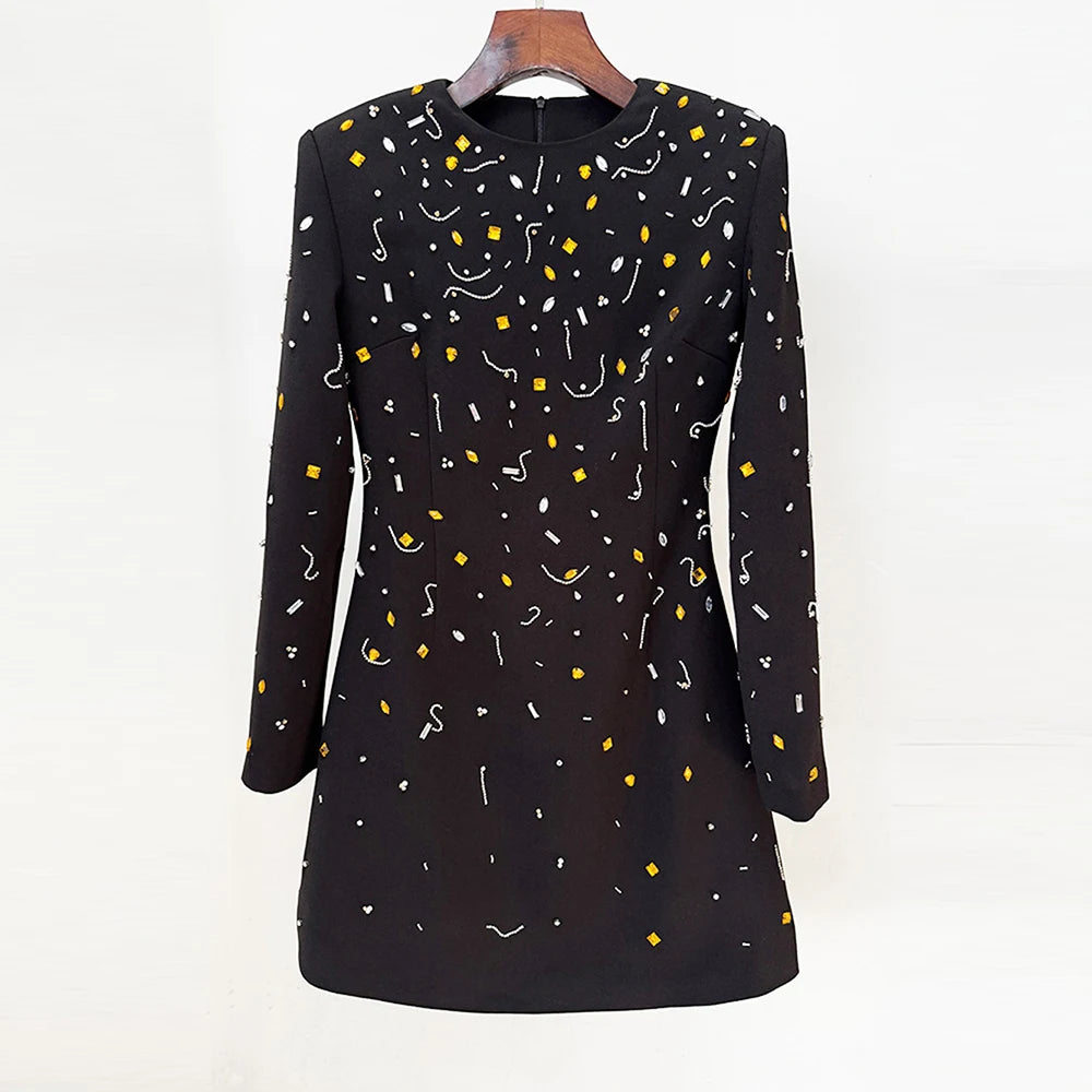 Female Luxury Diamond Crystal Suit Dress 2026 Autumn New Temperament Slim Fit Mini Dress For Women Lady Evening Robes