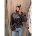 Stand Collar Faux Leather Cropped Jacket Waist Belted Button Long Sleeve Outerwear Winter New Street Women Daily Casual Outfit