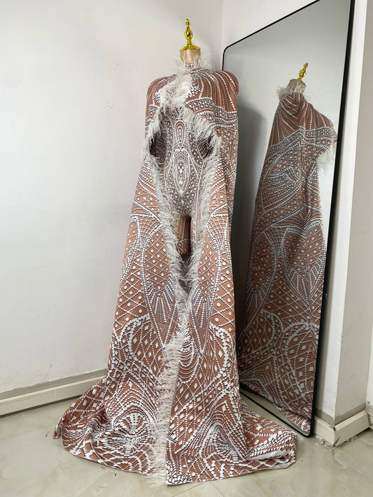 Women Sexy Feather Long Cloak Spandex Luxury Printing Jumpsuit High Strecht Dance Performance Nightclub Stage Glamorous Costume