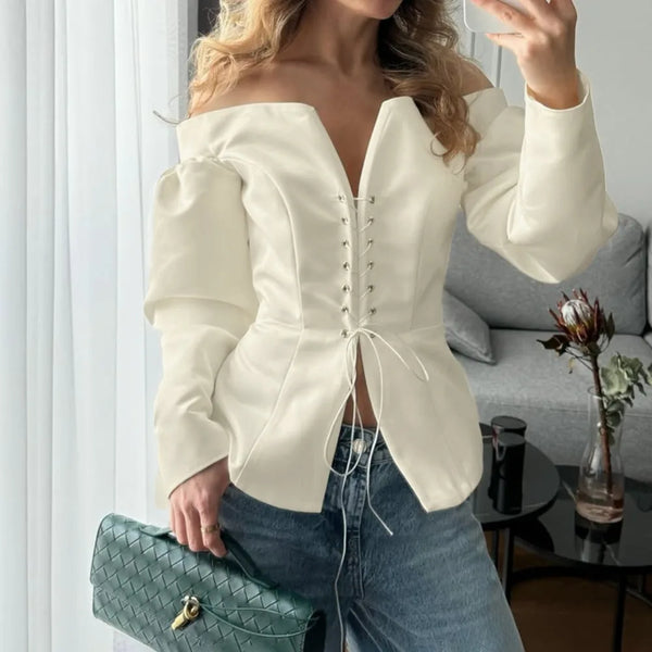 Sexy Off Shoulder Cardigan for Women Lace Up Design Long Sleeve French Versatile Slimming Blouse Female Fashion New