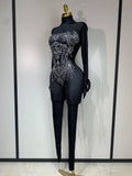 Stock Women Sexy Club Evening Party Wear Drag Queen Singer Dancer Stage Performance Costume Sparkly Rhinestone Stretch Jumpsuit