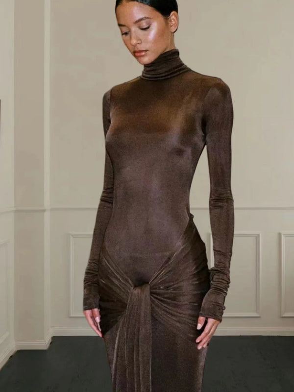 Turtleneck Long Sleeve Bodycon Dress Women Tight Elastic Lace-up Maxi Dresses Winter Evening Party Curvy Robe Red Brown 2025 New