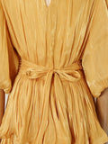 Elegant Chiffon Layered Ruffles Design Dress for Women Short Sleeves Waist Belt Spliced Diamonds Accent for Afternoon Tea