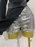 Women Shiny Sequins Black Splicing Long Sleeved Shorts Jumpsuit Celebirty Evening Birthday Party Bar Fashion Club Casual Dress