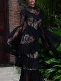 Retro Luxurious Wedding Dress for Women Stand Collar Flare Sleeve Spliced Ruffles Irregular Hem Party Long Dresses Female