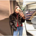 Women's Brown Faux Fur Cropped Jacket Fashion Stand Collar Single Breasted Pocket Casual Coat Lady 2026 Spring Chic Outerwear